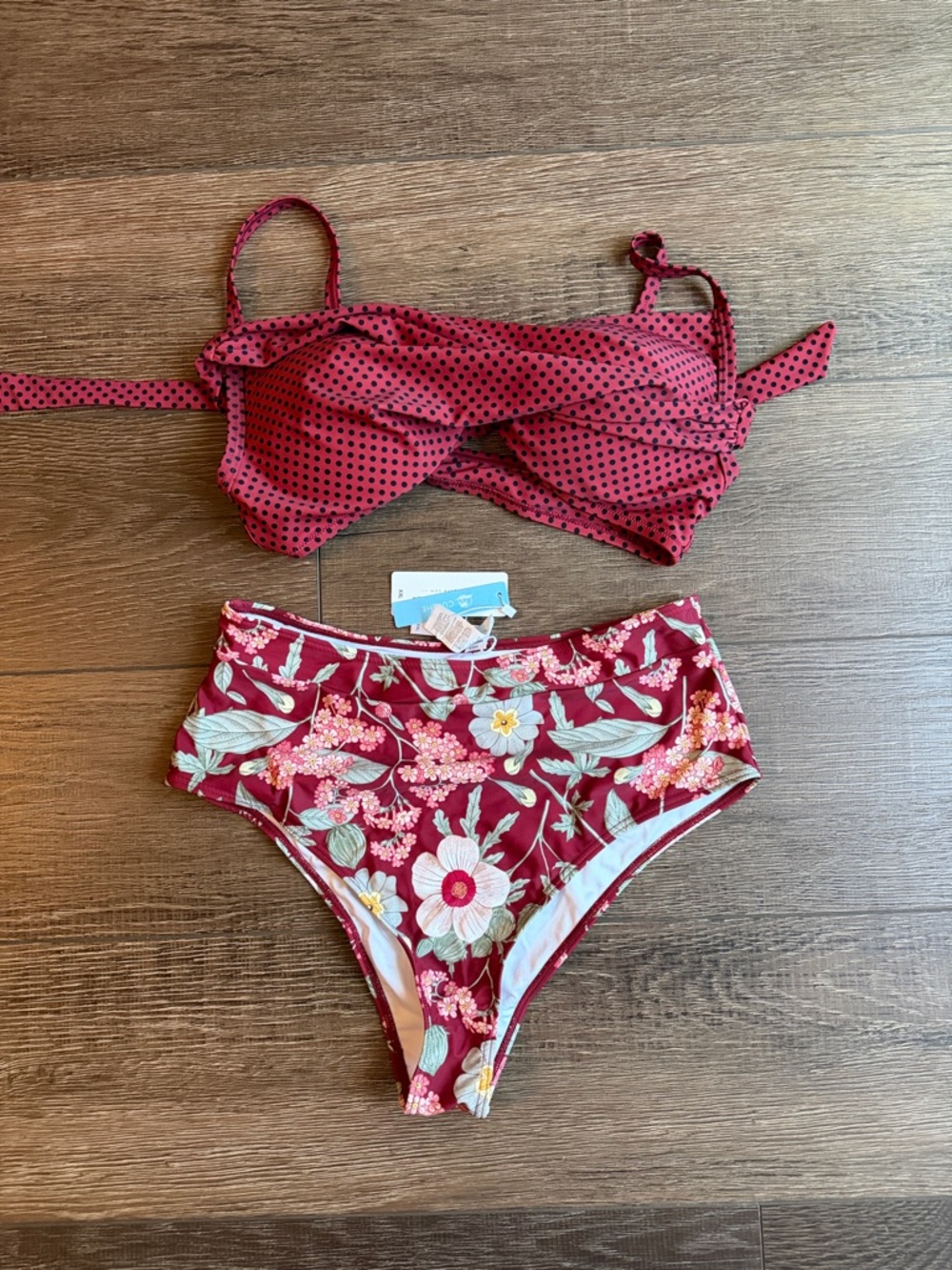 Cupshe Burgundy Polka Dot and Floral High-Rise Bikini